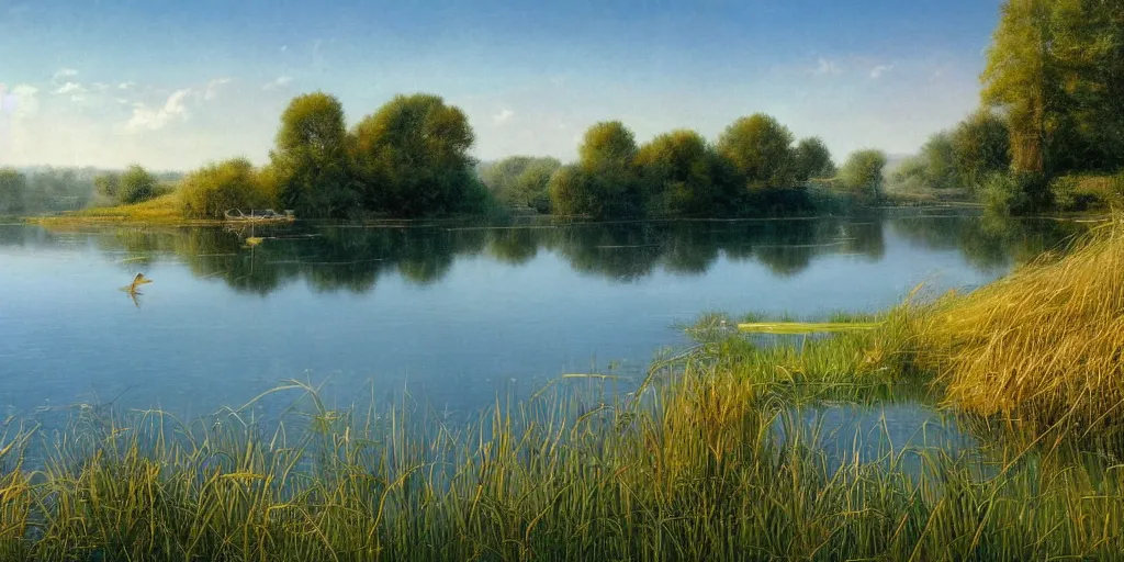Prompt: a beautiful lake landscape in summer, romantic ambiente, reed on riverbank, no mountains, clear sky, sunshine, colorful, by Ernest deutsch + Ted Nasmith, cinematic lighting, masterpiece, highly detailed, 8k resolution, trending on art station
