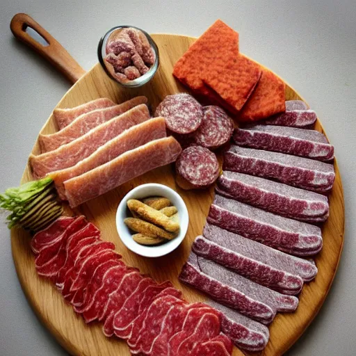 Prompt: knitted meat charcuterie board