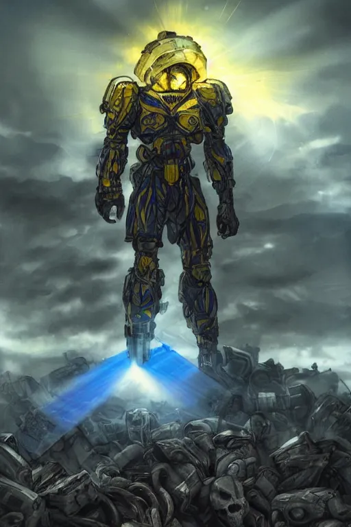 Image similar to a full body shot from distance of a super soldier with a Ukrainian blue and yellow stripes flag standing in the beam of light from the clouds on a pile of skulls and rotten cars as a winner, masculine figure, D&D, fantasy, intricate, elegant, highly detailed, digital painting, artstation, concept art, matte, sharp focus, symmetrical, illustration, hyperrealistic, art by Artgerm and Greg Rutkowski and Alphonse Mucha