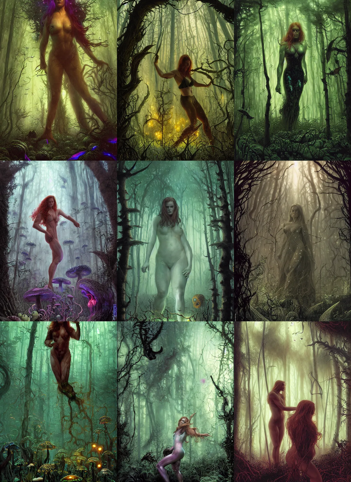 Prompt: muscled Amy Adams lost in a foggy bioluminescent mushroom forest, rainbow fireflies, creepy creatures hiding in long shadows, Donato Giancola, Mark Brooks, Ralph Horsley, Charlie Bowater, Artgerm, Christopher Balaskas, Bastien Lecouffe-Deharme