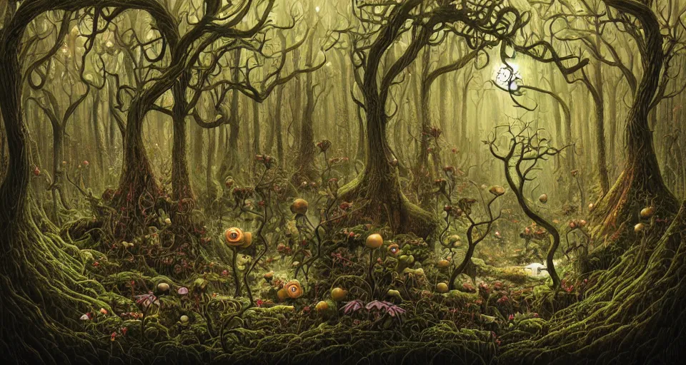 Image similar to A dense and dark enchanted forest with a swamp, by Naoto Hattori