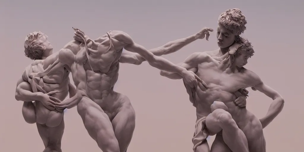 Image similar to greek sculpture of intertwined bodies painted in pastel colors. artwork by James Jean and Tooth Wu and wlop and beeple and greg rutkowski and nekroxiii. octane render, cinematic, hyper realism, redshift render, 8k, depth of field, iridescent accents