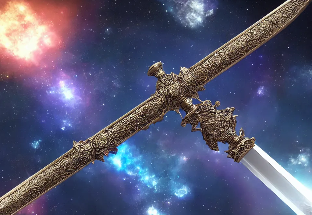 Image similar to a holographic intricate metal sacred sword floating in space reflecting the universe, intricate unreal engine 5 creation