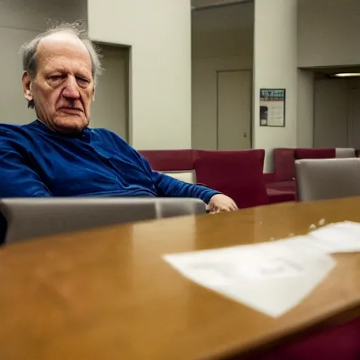 Image similar to werner herzog sits in the waiting area of the dmv with a pair of bolt cutters in the chair next to him. ultra wide angle, style of edward hopper, wes anderson, chris ware, award winning, hyperrealistic, dynamic lighting, very detailed face, 4 k