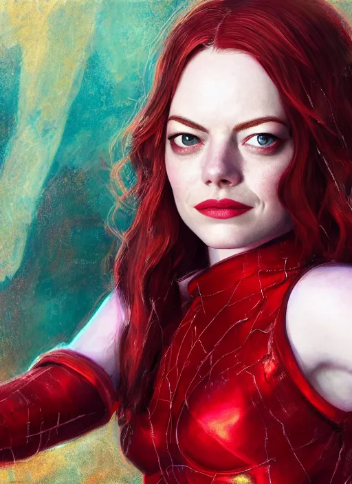 Prompt: portrait of emma stone as the scarlet witch, hyper detailed, digital art, cinematic lighting, studio quality, smooth render, unreal engine 5, octane rendered, art style by klimt and nixeu and ian sprigger and krenz cushart.