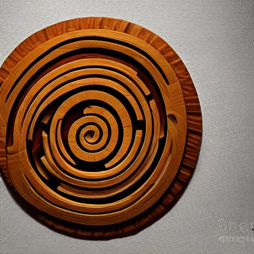 Image similar to intricate taijitu carved from wood, photograph, studio lighting