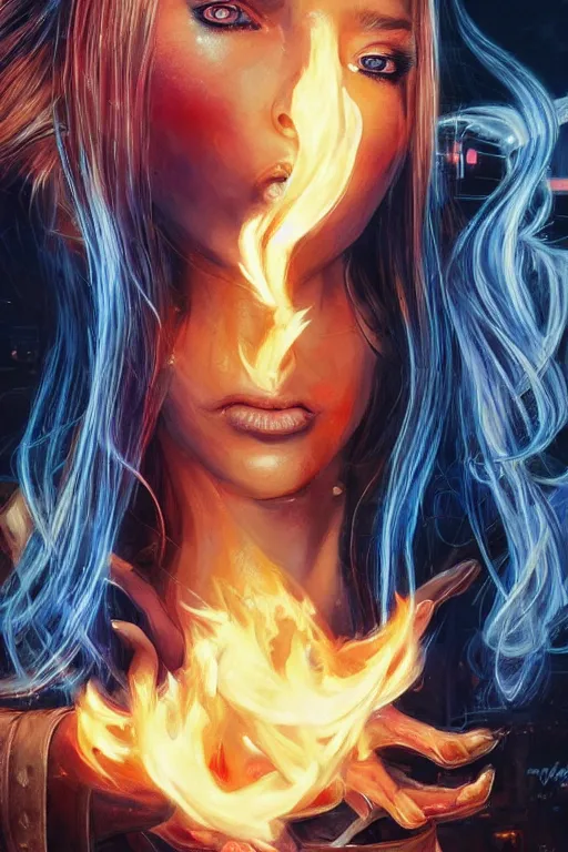 Prompt: wonderful blonde woman hair on fire with flames dancing on her hands with a long jacket in a cyberpunk city, realistic mouth, realistic, high definition, detailed and symetric face, detailed and realistic hands, expressive eyes, 4 k, shimmering color, art by artgerm ans greg rutkowski and magali villeneuve