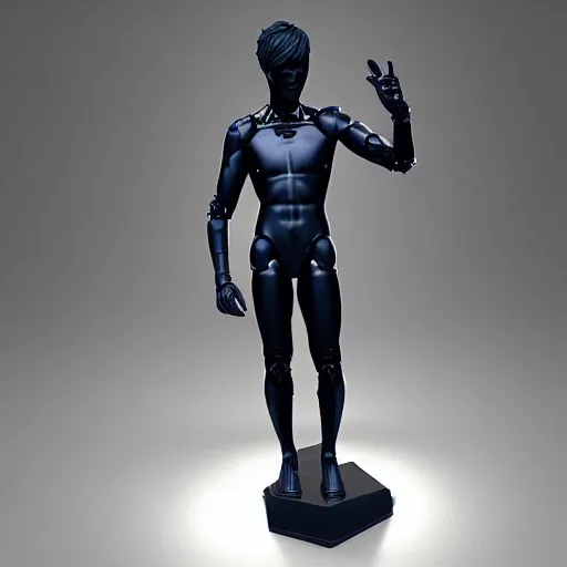 Image similar to “a realistic detailed photo of a guy who is an attractive humanoid who is half robot and half humanoid, who is a male android, twitch streamer Ninja Tyler Blevins, shiny skin, posing like a statue, blank stare, streaming”