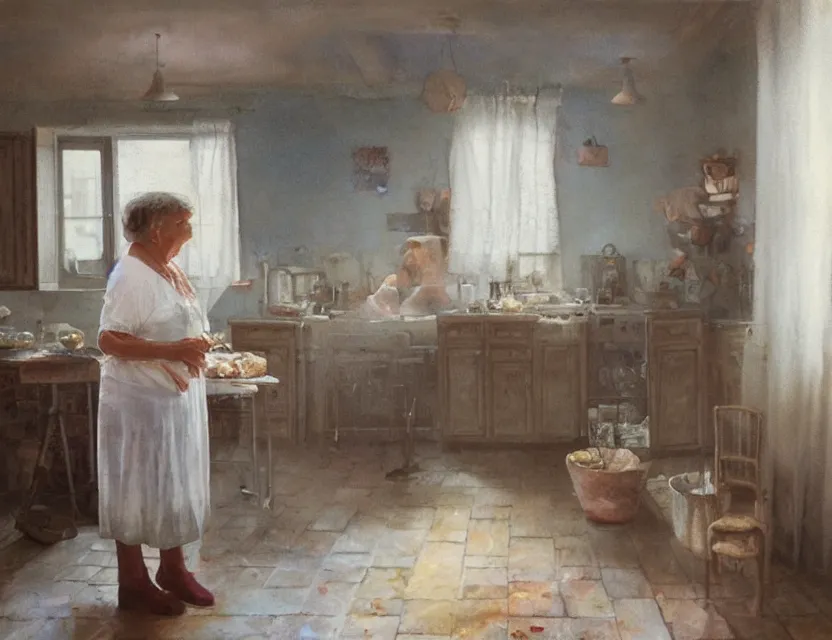 Image similar to grandmother cooking in a kitchen in country house, back view, cottage core, cinematic focus, polaroid photo bleached vintage pastel colors high - key lighting, soft lights, foggy, by steve hanks, by lisa yuskavage, by serov valentin, by tarkovsky, 8 k render, detailed, oil on canvas