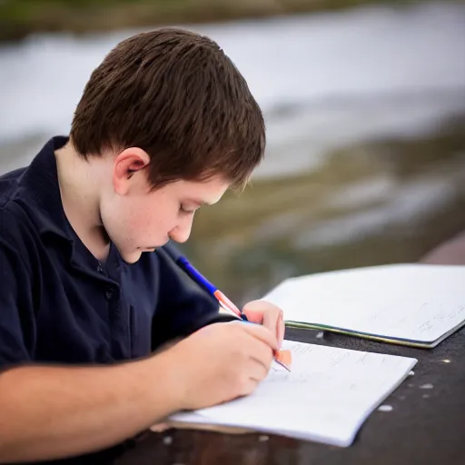 Prompt: Ethan Smith writing his next guide, (EOS 5DS R, ISO100, f/8, 1/125, 84mm, postprocessed, AI enhanced, facial features)