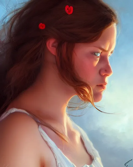 Prompt: a portrait of a cute woman, long brown hair, wavy hair, blue eyes, wearing a red sundress, button nose, round face, soft chin, strong jawline, soft facial features, chubby cheeks, very detailed digital art, dynamic lighting, moody atmosphere, dark background, hyperrealistic portrait art by greg rutkowski