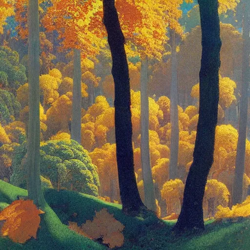 Prompt: Painting of a forest, by Maxfield Parrish, autumn, beautiful, extremely detailed