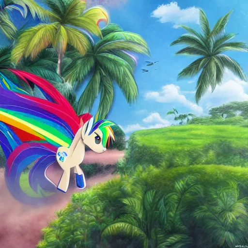 Prompt: my little pony rainbow dash as a high speed train in a lush tropical setting in hawaii hyperrealism