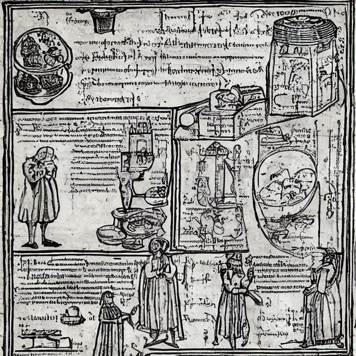 Image similar to ( ( ( ( illustrated recipe for an hamburger ) ) ) ) lot of medieval enluminures in the background explaining the recipe, found schematic in a notebook