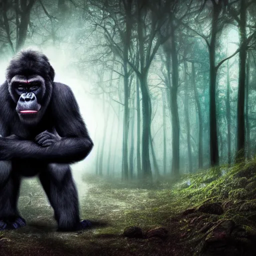 Prompt: demonic gorilla in magical forest, dark atmosphere, high detail, soft lighting