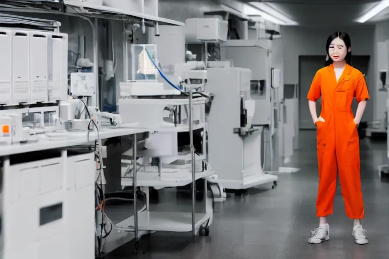 Prompt: a photograph of a beautiful young asian woman wearing an orange prison jumpsuit standing in a laboratory surrounded by sci fi medical equipment, cinematic lighting, sci fi, futuristic