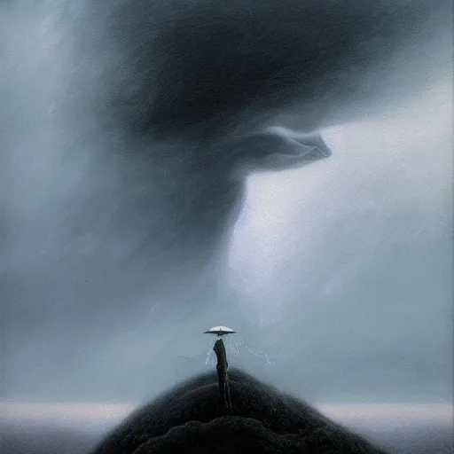 Image similar to killua zoldyck made by zdzisław beksinski, thunderstorm, 8 k, detailed, cinematic, rain, crying, black