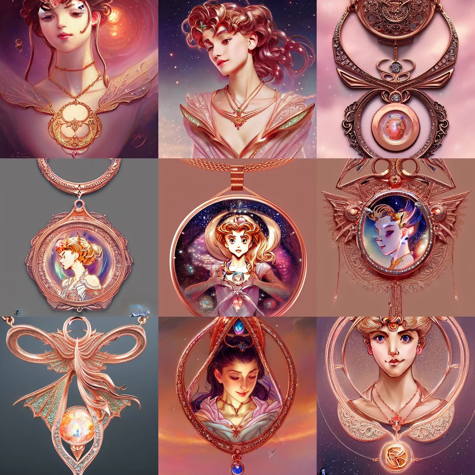 Prompt: a beautiful detailed necklace made of rose gold glowing in sparkles with heavenly notes, highly detailed sailor moon aesthetic, fantasy, intricate, elegant, highly detailed, digital painting, artstation, concept art, matte, sharp focus, illustration, art by Artgerm and Greg Rutkowski and Alphonse Mucha