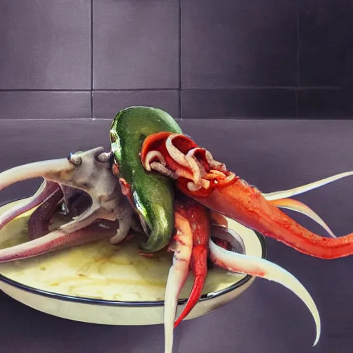 Prompt: pichacu cooks a squid, photo, detailed, 4k, Art by Yongjae Choi