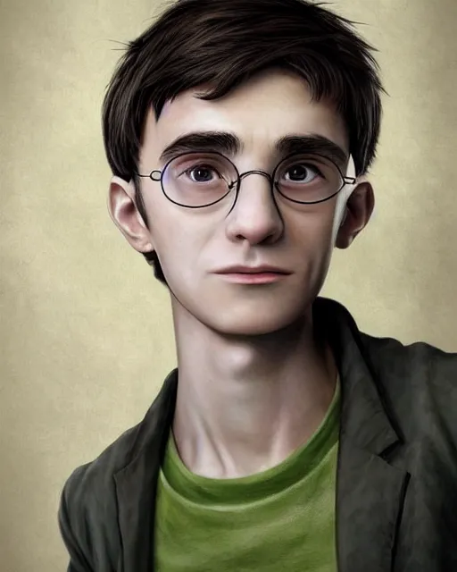 Prompt: portrait of a small, skinny 1 7 - year - old boy with a thin face, black hair, green eyes, round shape glasses as harry potter, thin scar on his forehead, wearing white shirt, hyper realistic face, beautiful eyes, character art, art by mark brooks, hyperdetailed, cryengine, trending on artstation, digital art