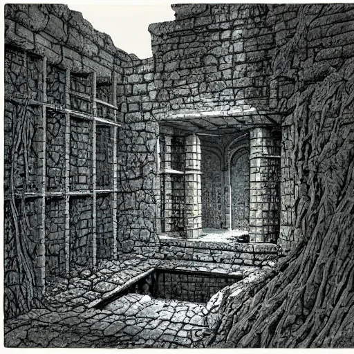 Prompt: pillbox paragonpunk fortress half-sunk in a noxious Swamp, by Colleen Doran and by Angus McBride and by Ted Nasmith, low angle dimetric rendering, centered, 7-point perspective