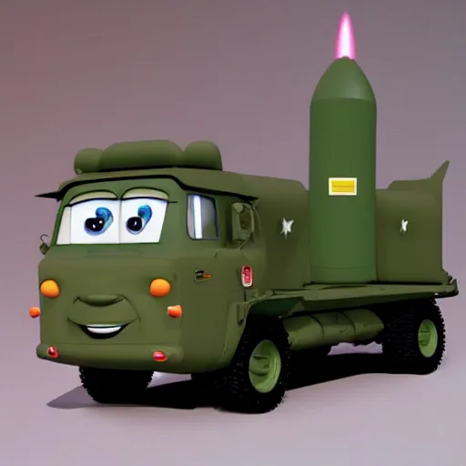 Image similar to HIMARS with rockets, Cars Pixar movie style, detailed, green