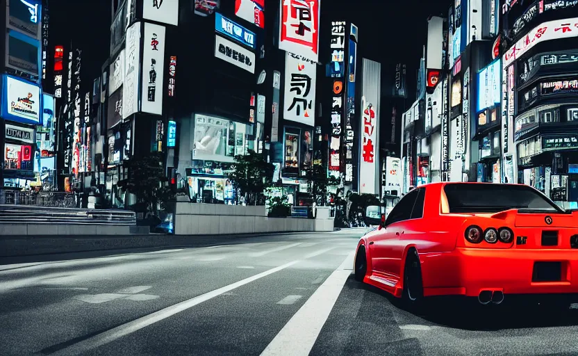 Prompt: wideshot of a Nissan Skyline R34 GTR in tokyo at night, highly detailed, 4k photo, shot with sony alpha