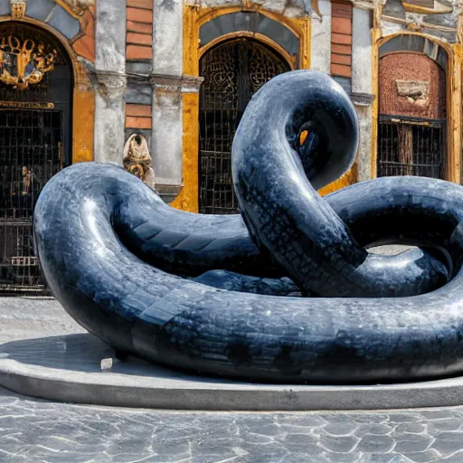 Prompt: A_black_and_blue_marble_sculpture_of_The_Anaconda_snake_in_the_middle_of_an_Italian_piazza_midday_4k_photograph_sunny_day_long_shot_-W_1024