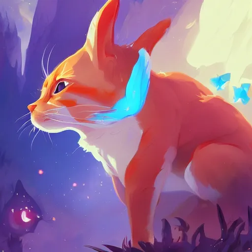 Prompt: orange tabby cat wearing light blue boxer shorts with white stars on them fanart ornate fantasy ori and the blind forest cover style official behance hd artstation by Jesper Ejsing, by RHADS, Makoto Shinkai and Lois van baarle, ilya kuvshinov, rossdraws pastel vibrant