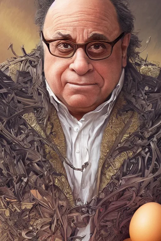 Image similar to danny devito the conqueror and offerer of eggs, fantasy, intricate, elegant, highly detailed, digital painting, artstation, concept art, sharp focus, illustration, art by artgerm and greg rutkowski and alphonse mucha