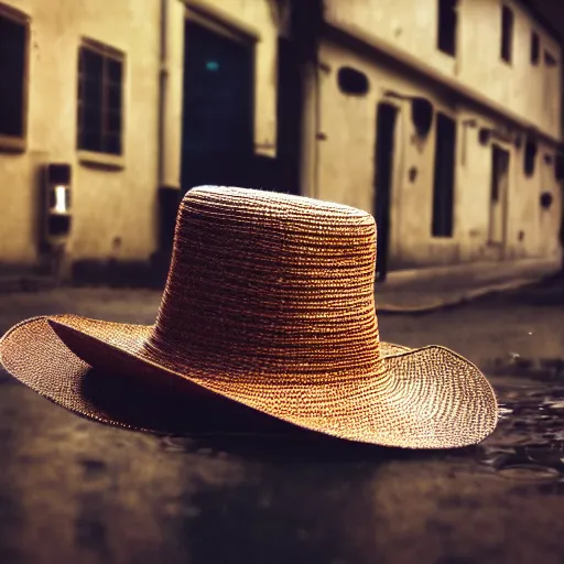 Prompt: 35mm lens photo of a floating hat in a back street, cinematic, depth of field, bokeh, atmospheric, 8k, trending on artstation