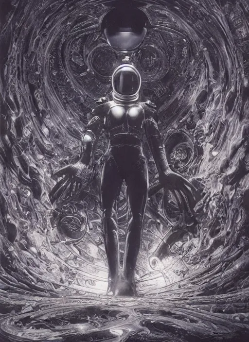 Prompt: alien astronaut in dark void underwater - complex and hyperdetailed technical suit design. reflection and dispersion materials. rays and dispersion of light. volumetric light. f / 3 2. noise film photo. flash photography. ultra realistic, 5 0 mm. poster by wayne barlowe, hajime sorayama aaron horkey, craig mullins