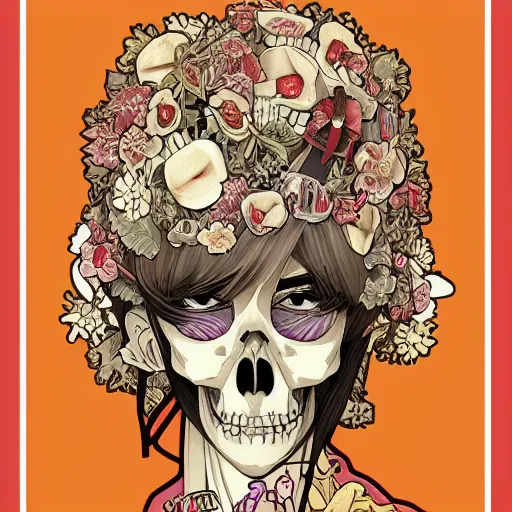 Image similar to anime manga skull portrait girl female dora the explorer skeleton illustration hyperrealistic art Geof Darrow and will cotton alphonse mucha pop art nouveau