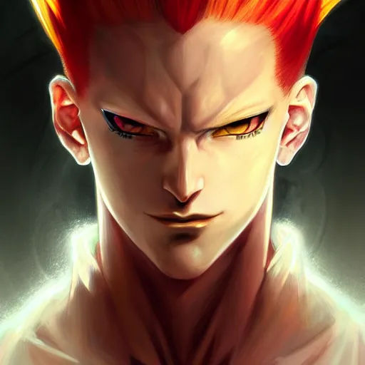 Prompt: portrait of hisoka morow hunter x hunter male sharp jaw yellow eyes small narrow slit eyes red hair crimson hair, anime, fantasy, intricate, elegant, highly detailed, digital painting, artstation, concept art, matte, sharp focus, illustration, art by artgerm and greg rutkowski and alphonse mucha