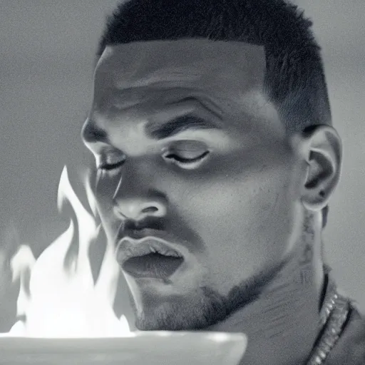 Image similar to cinematic film still of Chris Brown starring as a Japanese Sensei with fire, Japanese CGI, VFX, 2003, 40mm lens, shallow depth of field, film photography