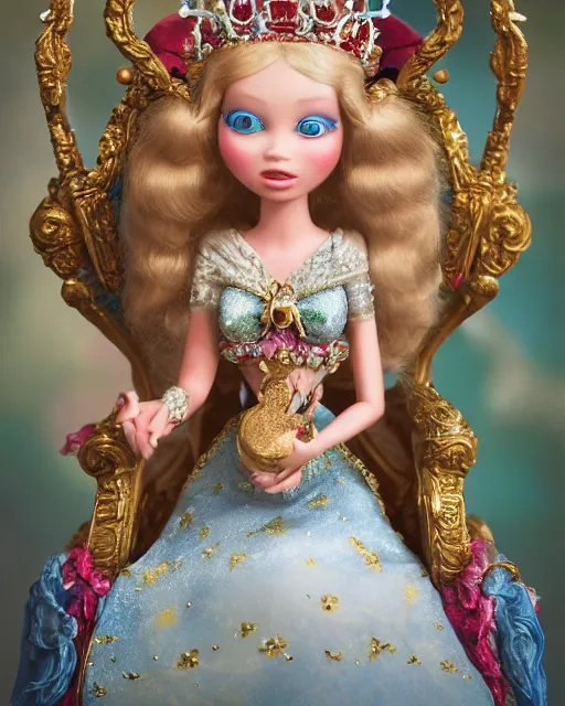 Image similar to highly detailed closeup, face profile portrait of a tin toy fairytale princess wearing a crown and sitting on a throne, bikini, depth of field, fashion photoshoot by nicoletta ceccoli, mark ryden, lostfish, dan decarlo, bob clampett, max fleischer, breathtaking, detailed and intricate environment, 8 k resolution, hyperrealistic, octane render