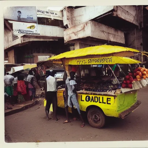 Image similar to old polaroids of futuristic african mobile market places in lagos traffic, side of taxi as fruit stand