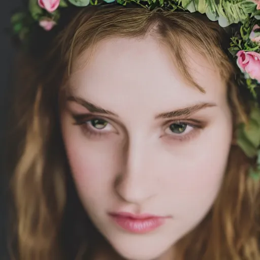 Prompt: ema watson with a flower crown, sensual, beautiful soft light failling on her face, studio photography, nikon 3 5 mm portrait photography, ultra realistic