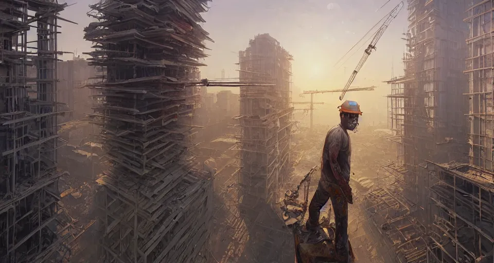 Prompt: highly detailed portrait construction worker zombie in gta v, building construction site, stephen bliss, unreal engine, fantasy art by greg rutkowski, loish, rhads, ferdinand knab, makoto shinkai and lois van baarle, ilya kuvshinov, rossdraws, tom bagshaw, global illumination, radiant light, detailed and intricate environment