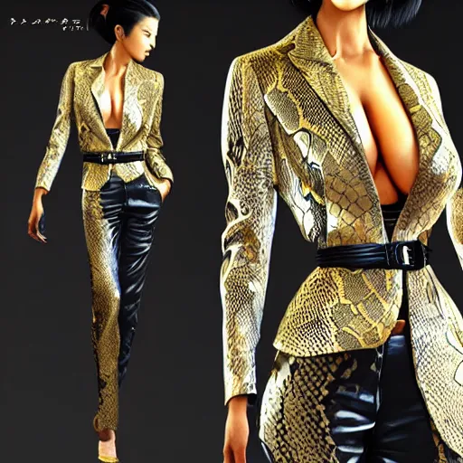 Image similar to yakuza slim girl, gold suit jacket in snake print, jacket over bare torso, yakuza tattoo Irezumi on body, black short curtain haircut, black leather pants with black belt, portrait, beautiful face, elegant, 2d, ultra highly detailed, digital painting, smooth, sharp focus, artstation, art by Ilya Kuvshinov, rossdraws