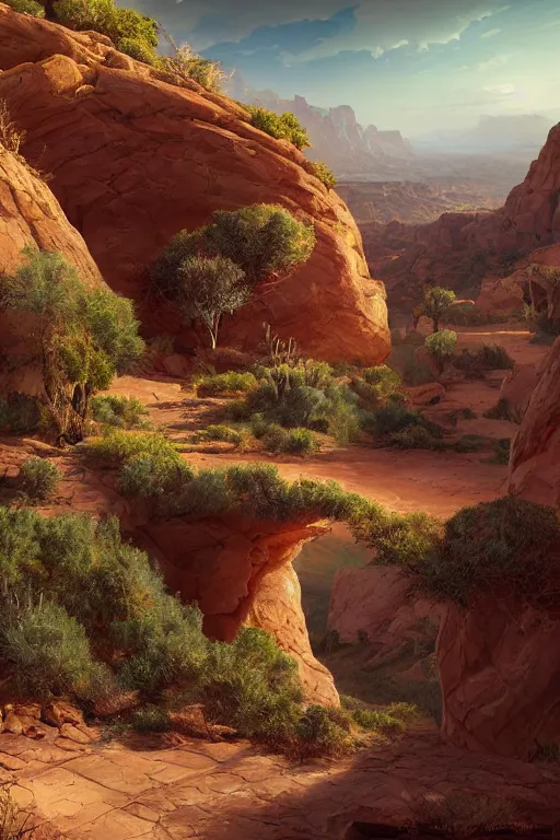 Image similar to beautiful utah desert, rock arcs, lush vegetation, landscape, alex ross, eddie mendoza, raphael lacoste, sebastian ludke, concept art, matte painting, highly detailed, rule of thirds, dynamic lighting, cinematic, detailed, magnificiant landscape, denoised, centerd