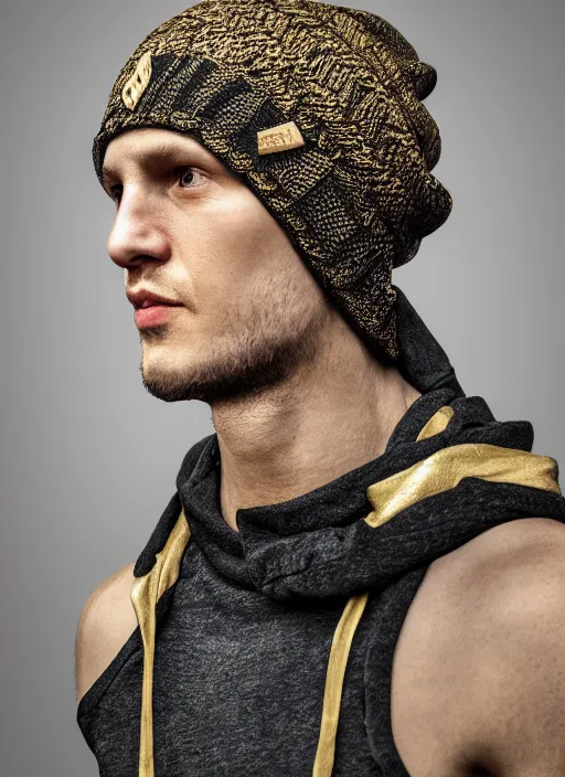 Image similar to portrait of a lithuanian man wearing a skull beanie and sleeveless hoodie, gold necklace, highly detailed, realistic, studio quality, studio photo, studio lighting, trending on artstation, sharp focus