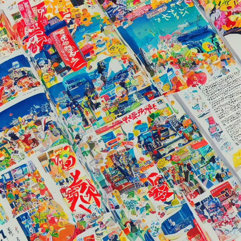 Image similar to an overwhelmingly detailed and colorful japanese magazine page of advertisements