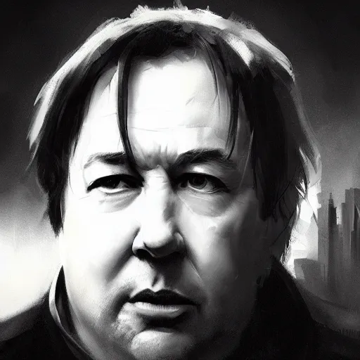 Image similar to closeup portrait of bill hicks, dramatic lighting, city background, chiaroscuro, high detail, painted by greg rutkowski, trending on artstation