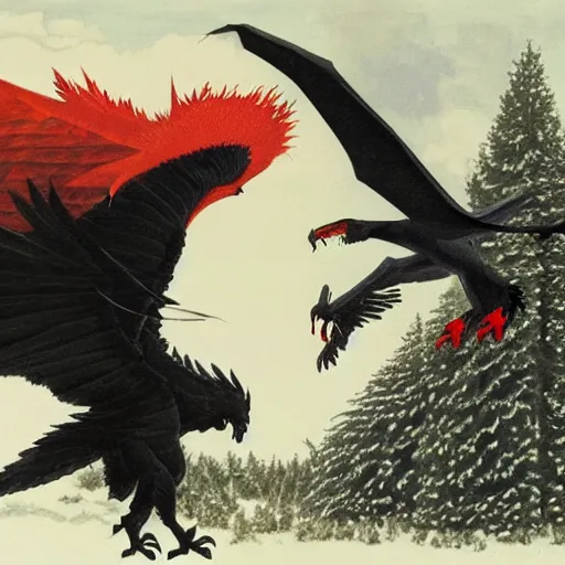 Prompt: a black eagle with red eyes and an ethereal white dragon fighting each other over a spruce tree forest