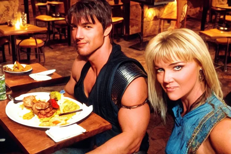 Prompt: xena warrior princess eating at a restaurant with a handsome cuban man