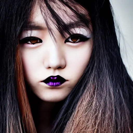 Image similar to professional photograph of female japanese model in emo makeup, long hair, fringe