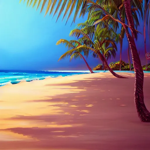 Image similar to A beautiful award winning painting of a tropical beach with palm trees and blue ocean, trending on artstation