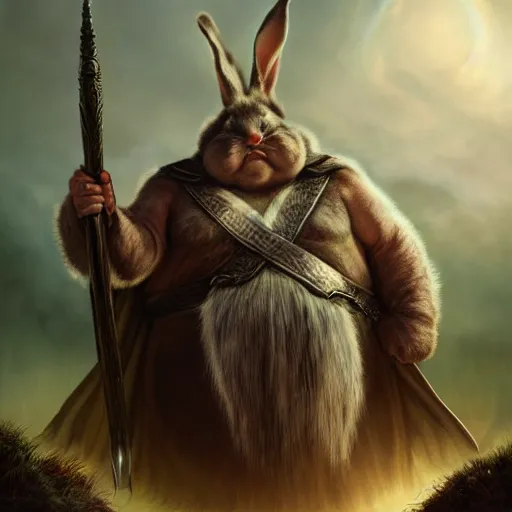 Image similar to hyper realistic, lord of the rings, portrait of a mega derpy john candy, big chungus, with bunny ears, stoned, by greg rutkowski, scott m fischer, artgerm, loish, slight glow, atmospheric, anne stokes, alexandros pyromallis