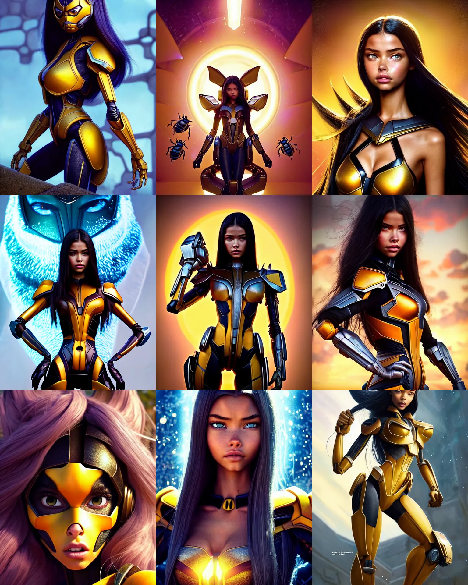 Prompt: weta disney pixar movie still portrait photo of madison beer, adriana lima : : as bumblebee cyborg woman by marvel : : by weta, greg rutkowski, wlop, ilya kuvshinov, leeloo, rossdraws, artgerm, scene girl, maxim magazine cover, unreal engine, sweaty, glitter, pearlescent, morning, anime girl, : :